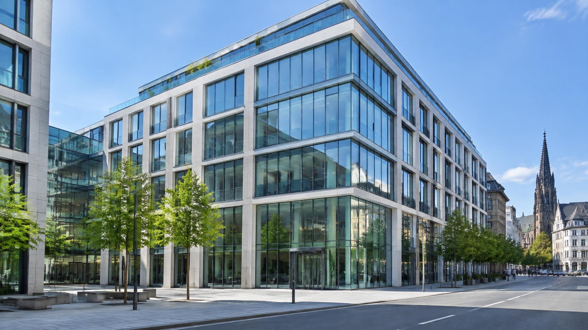 Modern glass office building exterior in a German city