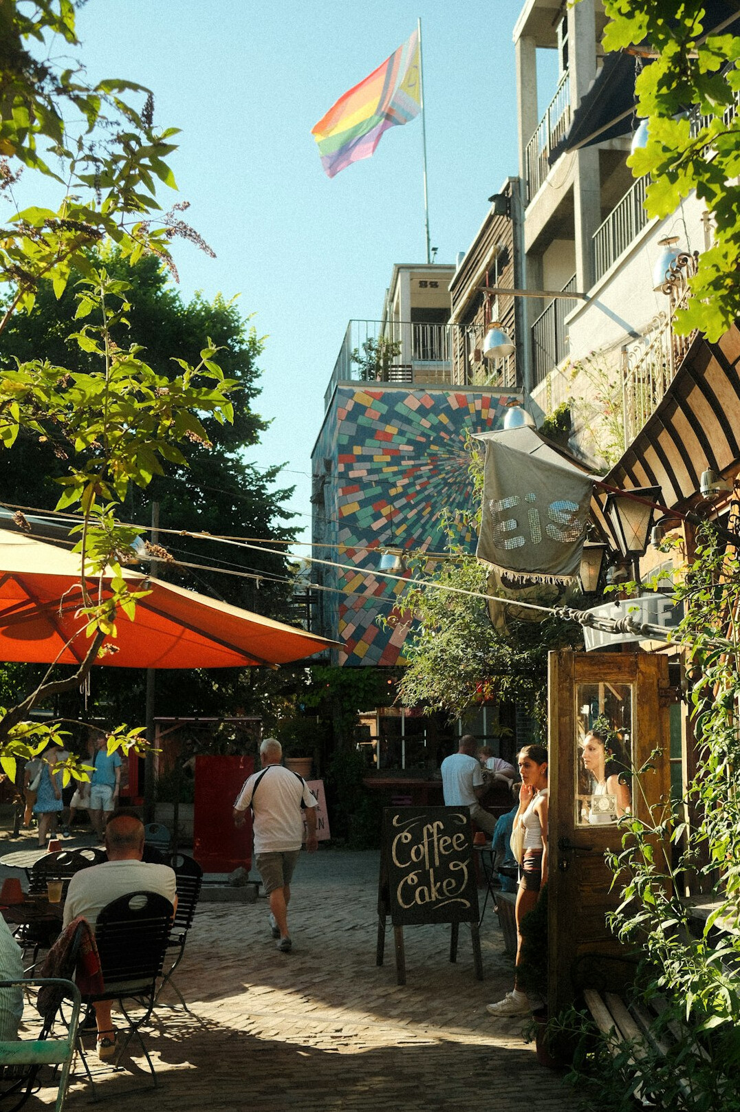 diverse people talking in german neighborhood